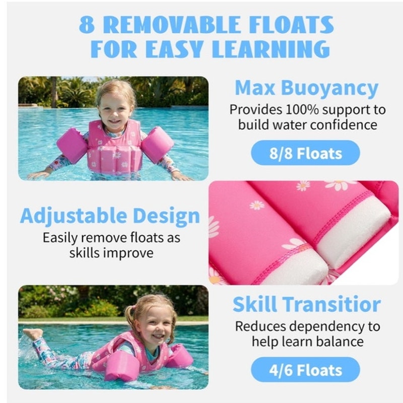 NWT ~ Pink Rose Flowers Kids Swim Vest Float Jacket Adjustable Life Jacket ~ 2-6