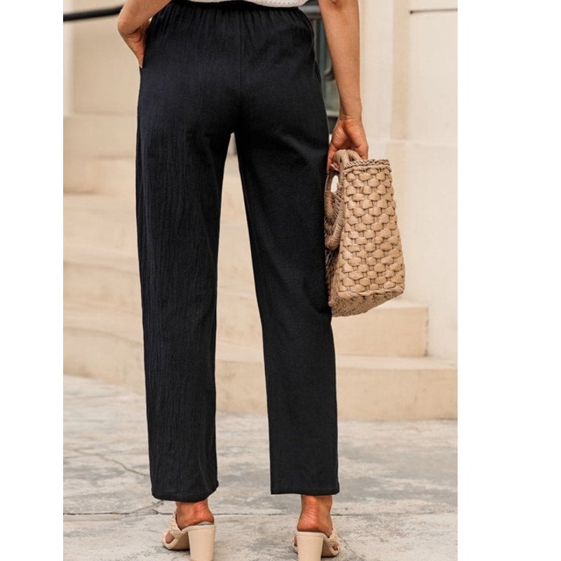 NWT ~ Women's Black Cotton Casual Straight Leg Drawstring High Waist Pants ~ M