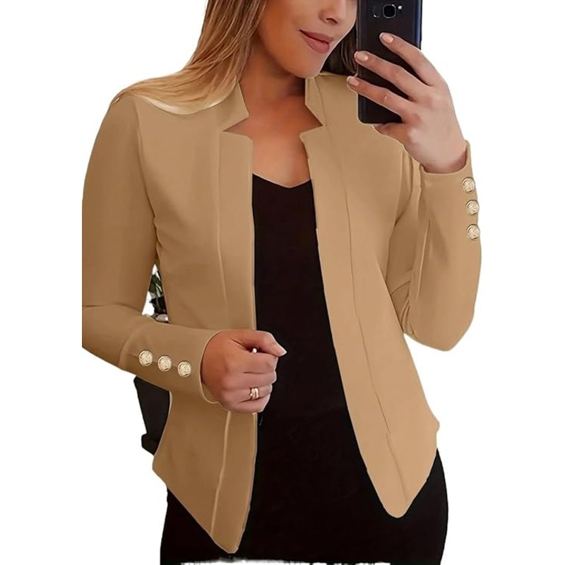 NWT ~ Women's Tan Open Blazer Cardigan Jacket Long Sleeves Gold Buttons ~ XXL