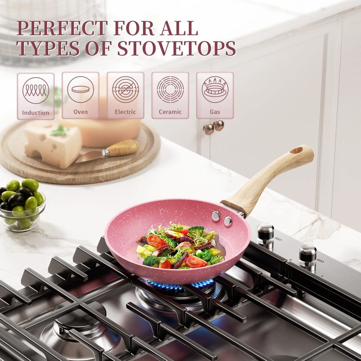 BRAND NEW ~ 8" Pink Nonstick Granite Frying Pan Wood Grained Bakelite Handle