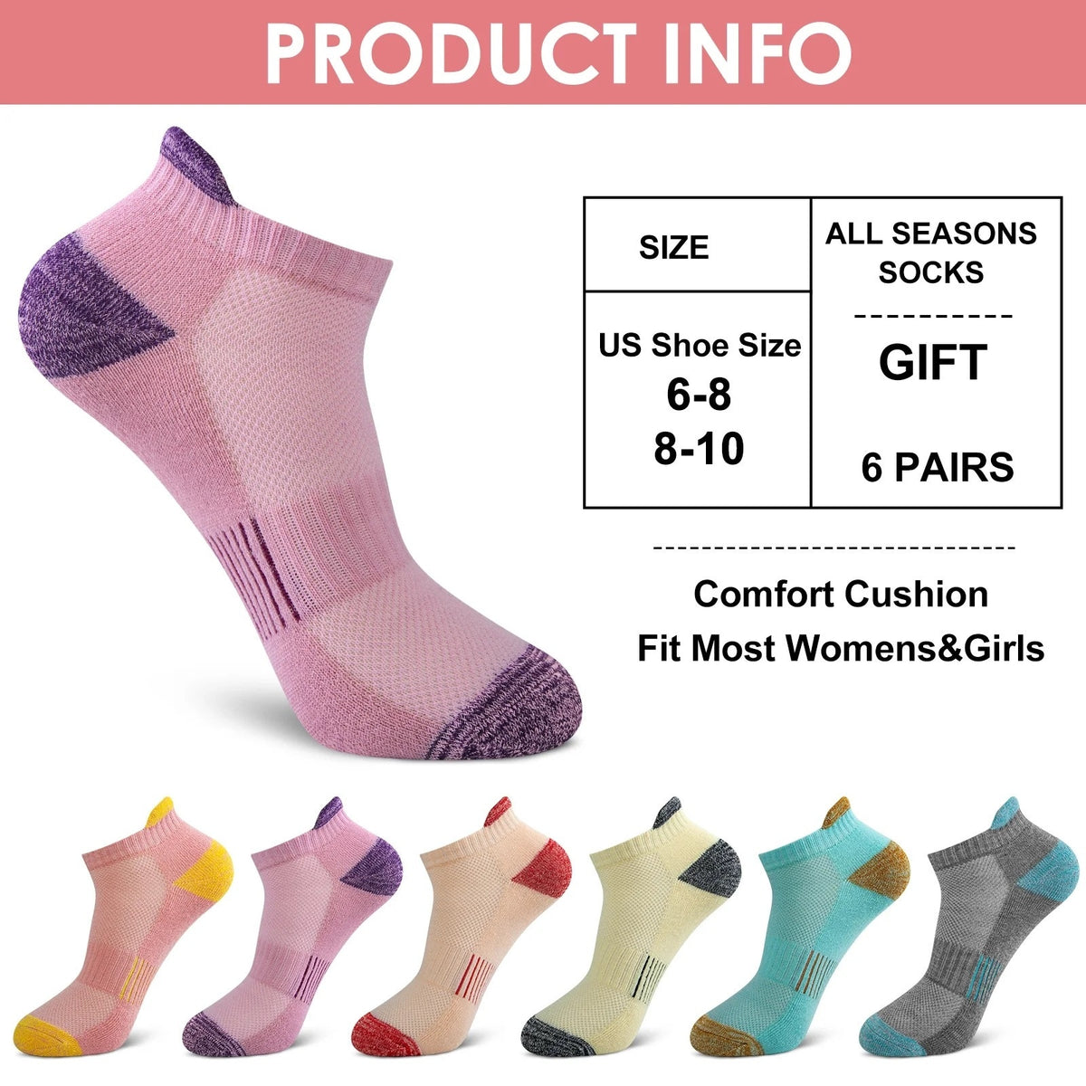 NWT ~ 6pr Women's Multicolor Breathable Durable Ankle Socks ~ Size 8-10