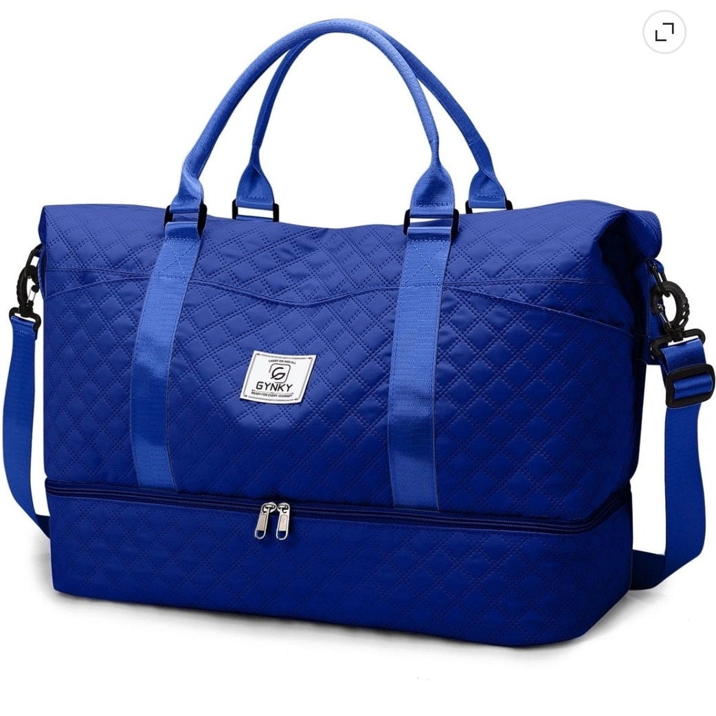 BRAND NEW Royal Blue Quilted Travel Overnight Duffle Bag Weekender & Wet Pocket