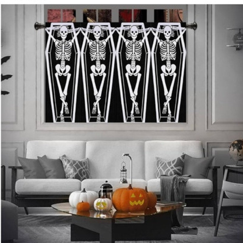 NWT ~ Set/ 4 Panels ~ Spooky Halloween Coffin Skeleton Curtains ~ 13" x 36" ea.