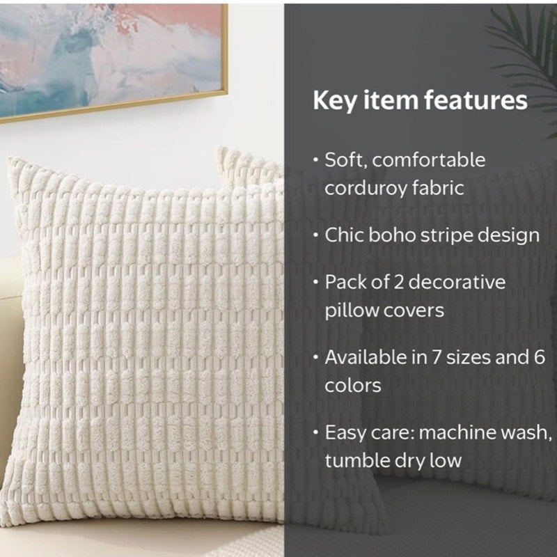 BRAND NEW ~ Set/2 Boho Beige Thick Corduroy Toss Accent Pillow Covers ~ 18"x18"