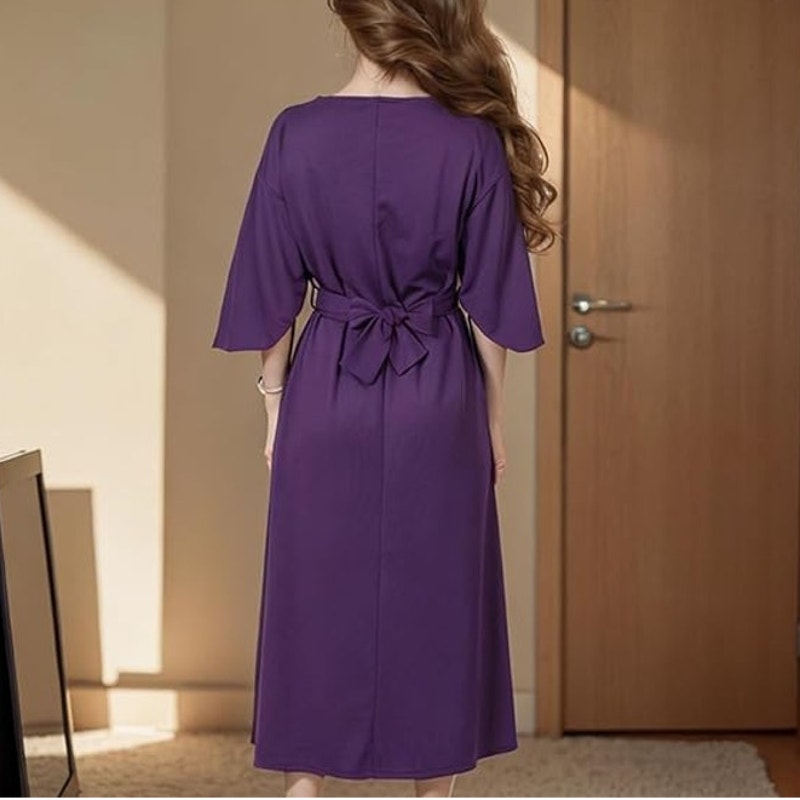 NWT ~ Elegant Purple Midi Dress Wide Bell Sleeves & Belted Waist ~ Women's XL