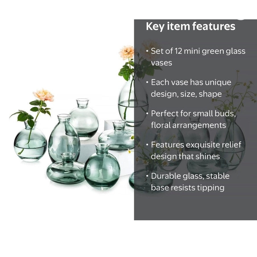 BRAND NEW ~ Set/12 Assorted Green Glass Bud Vases ~ For Flowers & Centerpieces