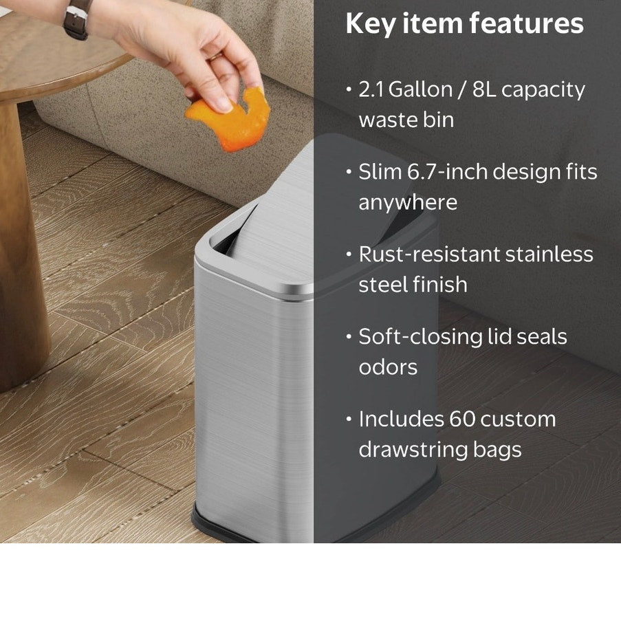 BRAND NEW ~ Silver 2.1Gal Stainless Steel Bathroom Trash Can Swing Lid & 60 Bags