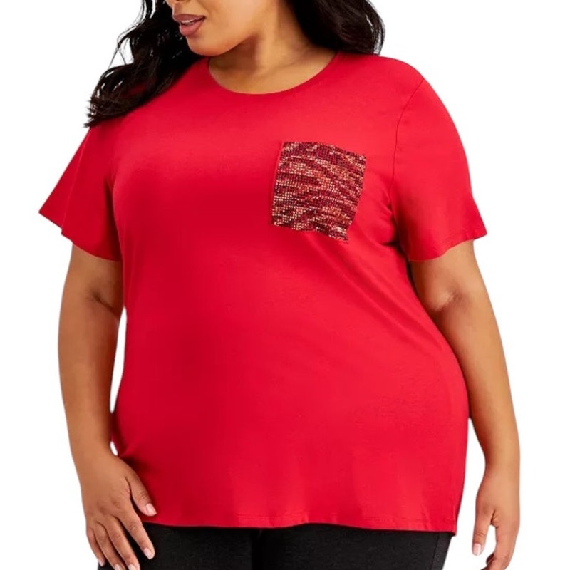 NWT ~ Calvin Klein Red Beaded Pocket T-Shirt ~ Women's Size LARGE