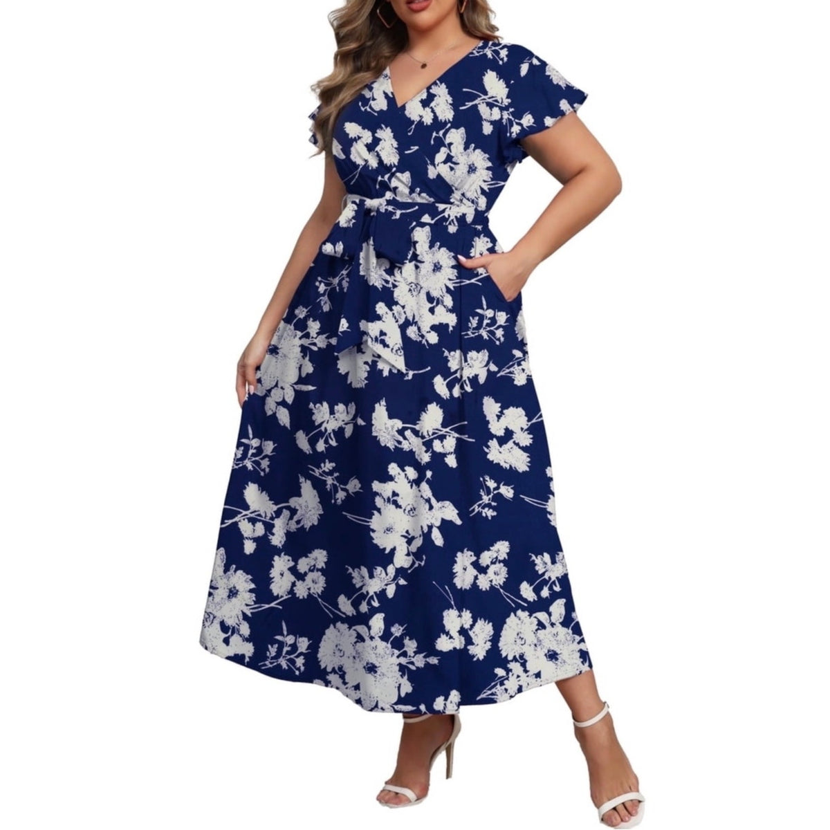 NWT ~ Women's Blue & White Plus Size Floral Butterfly Sleeve Maxi Dress ~ 1X