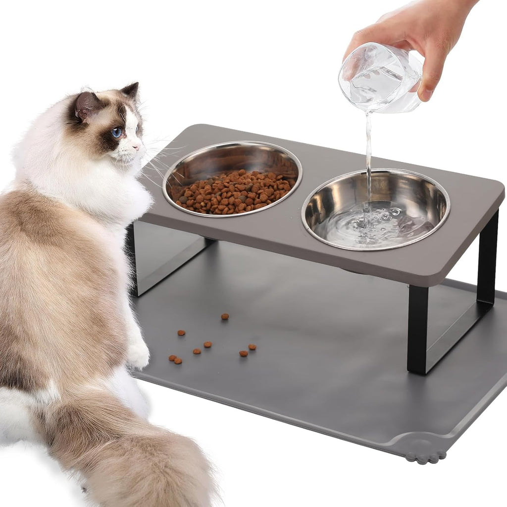 BRAND NEW ~ Gray Elevated Stainless Steel Cat Dog Bowls Dishes & Food Water Mat