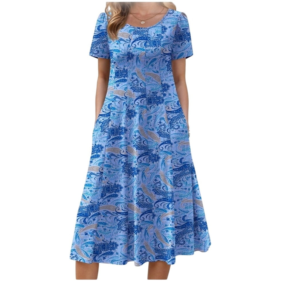 NWT ~ Blue Floral Short Sleeve Pleated Casual Flowy Summer Midi Dress Pockets XL