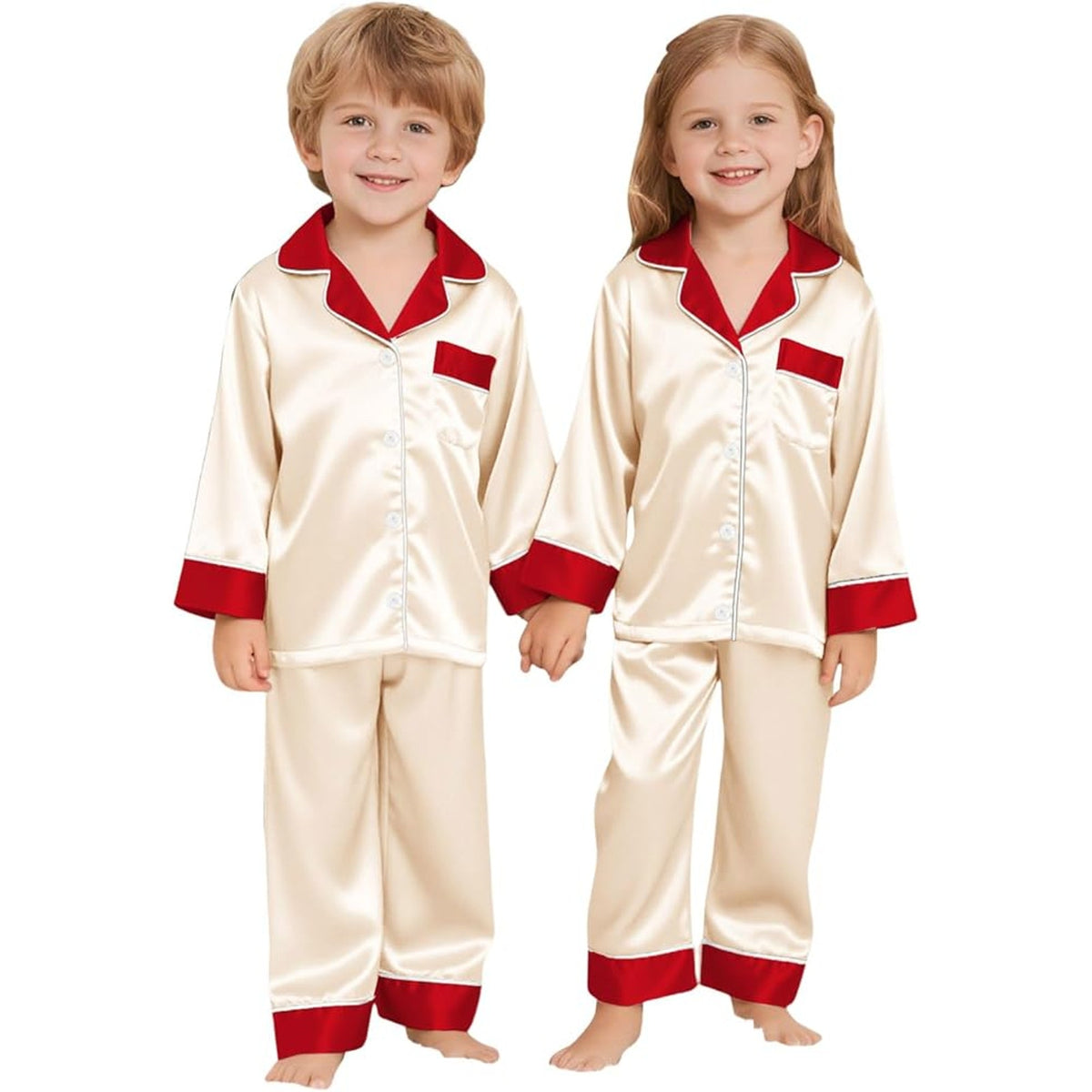 NWT ~ Children's Cream & Red Satin Pajamas Unisex Boys Girls Youth PJ's ~ 14/16
