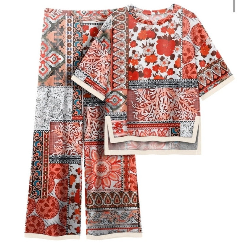 NWT ~ Women's Boho 2pc Square Geo Flower Top & Pants Casual Lounge Outfit ~ XL