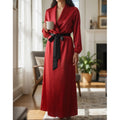 NWT ~ Women's Bright Red Long Midi Satin Dress with Black Tie Sash ~ Size SMALL