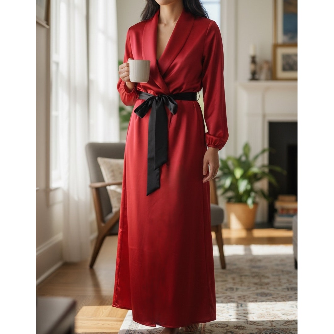 NWT ~ Women's Bright Red Long Midi Satin Dress with Black Tie Sash ~ Size SMALL