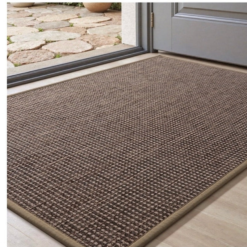 BRAND NEW ~ Brown Non-Slip Rubber Backed Welcome Low Profile Inside Door Mat Rug