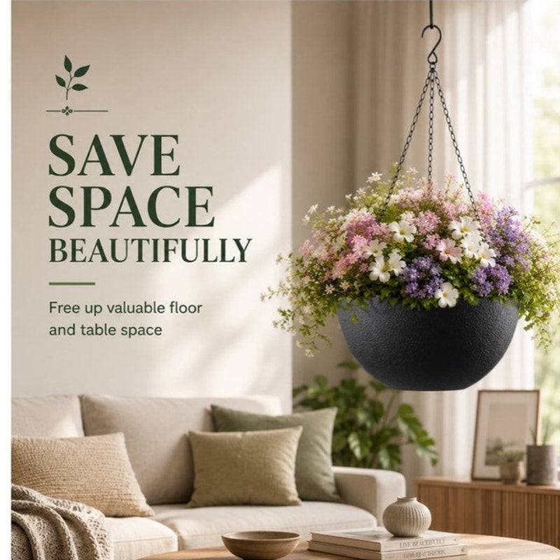 BRAND NEW ~ Set/2 Hanging Black Textured Planters Baskets Pots Chains & S-Hooks
