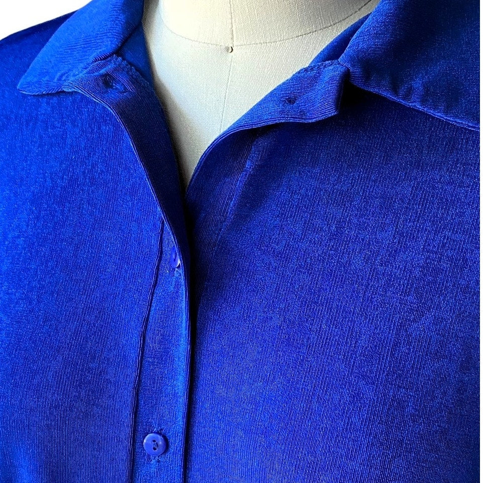 NWT ~ FASHION NOVA Royal Blue Don't Stop Slinky Button Front Top ~ Women's MED.