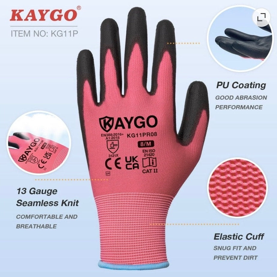 BRAND NEW ~ 12 Pairs Pink & Black PU Coated Seamless Knit Safety Work Gloves