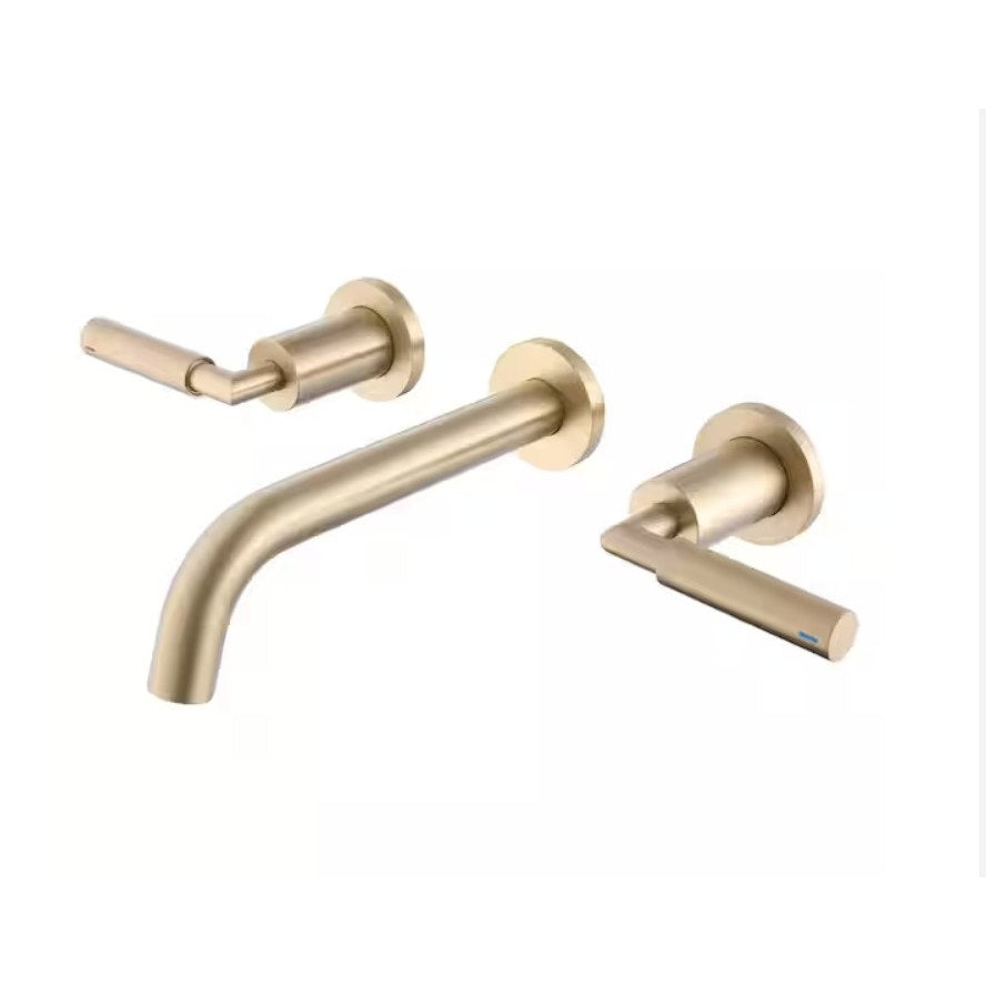 BRAND NEW ~ Brushed Gold Double Handle Wall Mounted Bathroom Faucet Modern 3-Hole Brass Taps