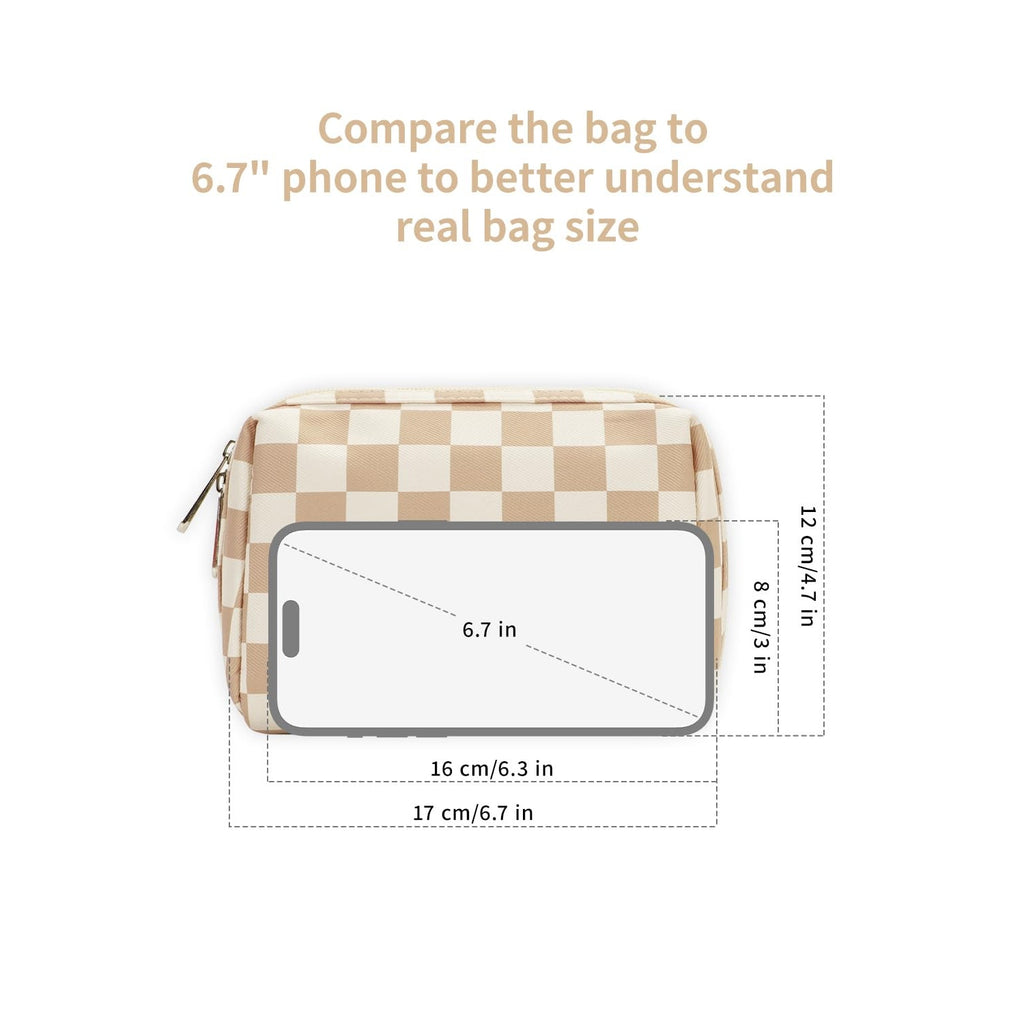 BRAND NEW ~ Narwey Tan Checkered Makeup Cosmetic Bag Compartments & Zipper
