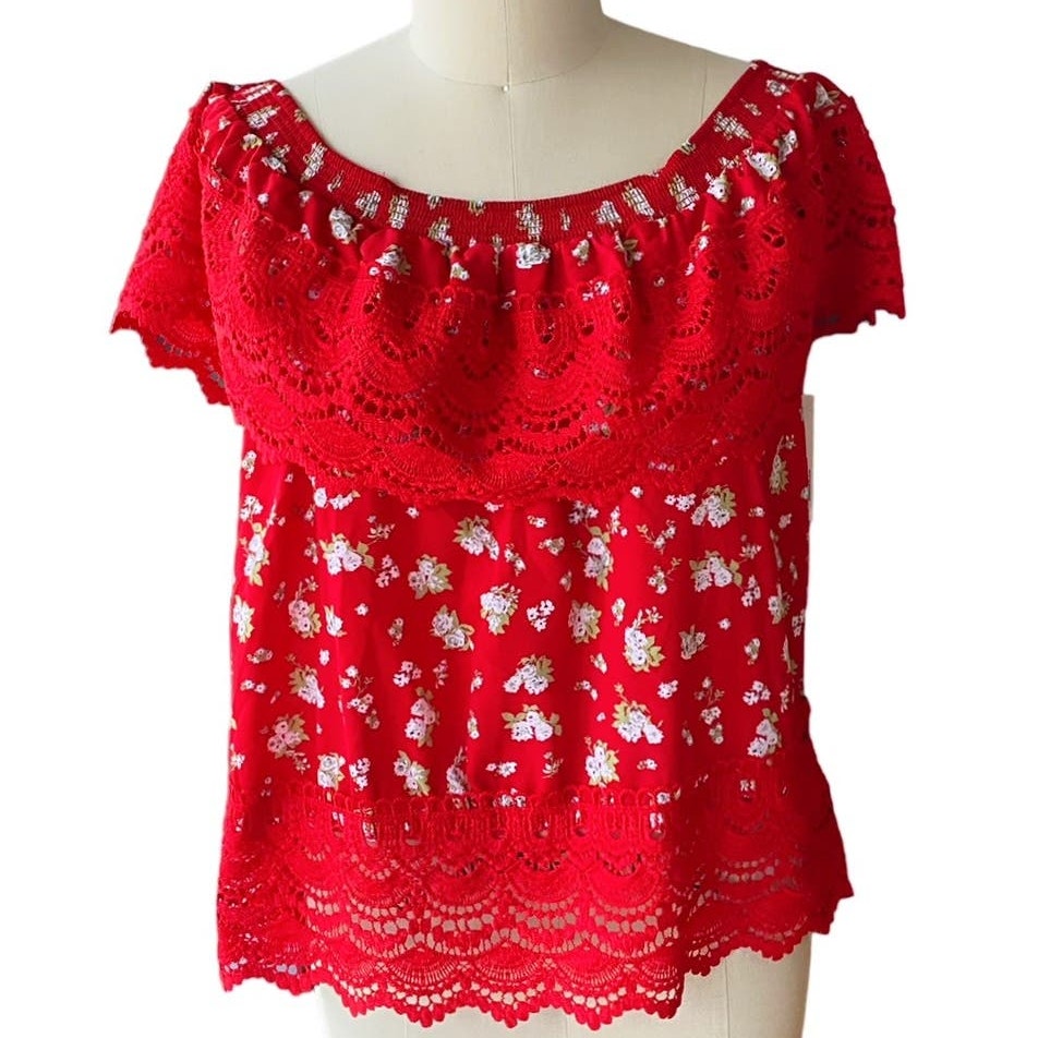 NWT ~ NOBO Boho Red Floral On Off Shoulder Bohemian Blouse ~ Women's Jr's XXL 19