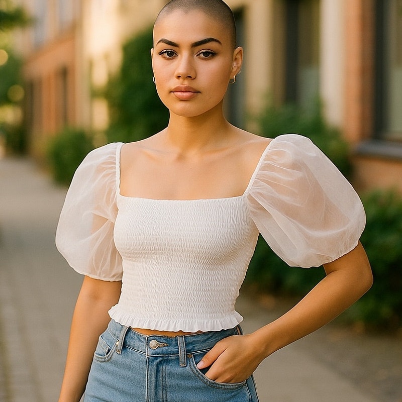 NWT ~ White Tube Top Off Shoulder Huge Clear Mesh Puffy Sleeves ~ Women's SMALL