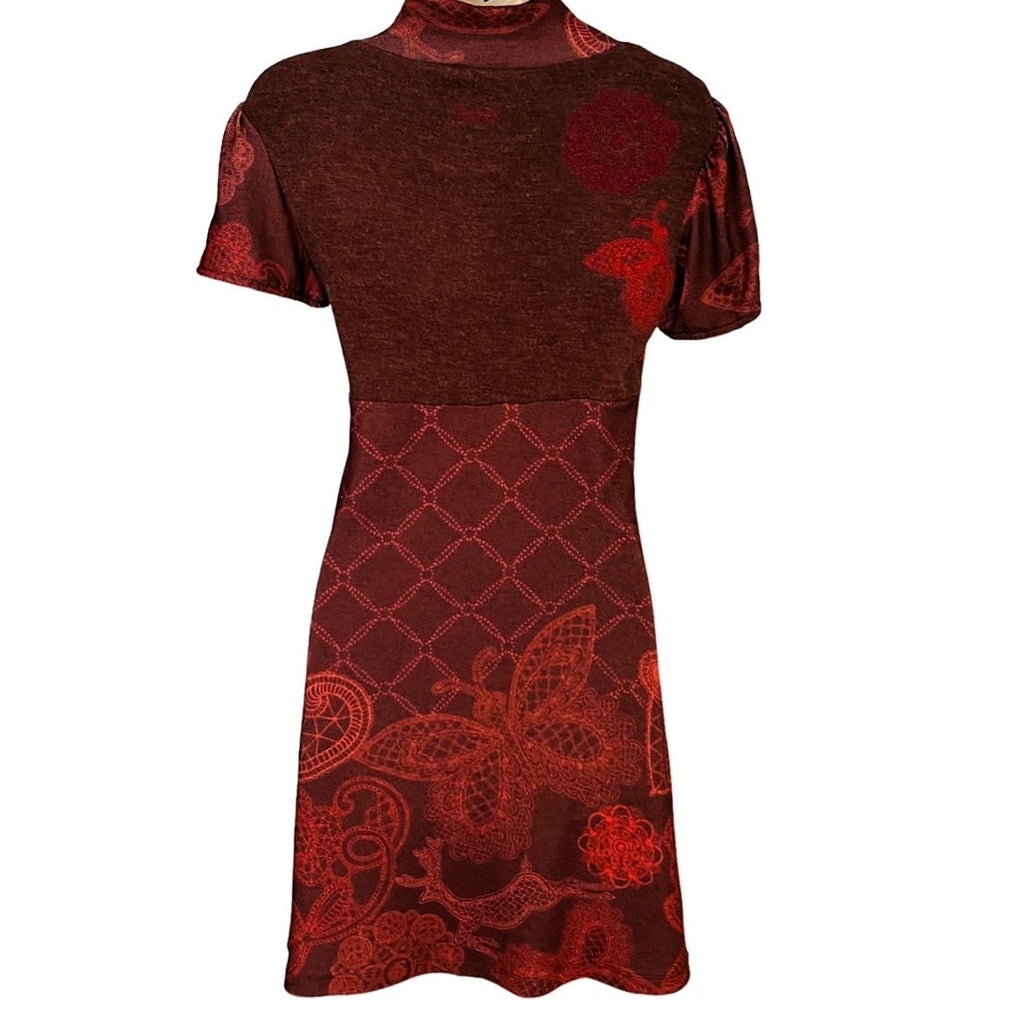 NWT ~ SMASH Embroidered Floral Butterfly Paisley Brown Knit Poet Dress ~ SMALL