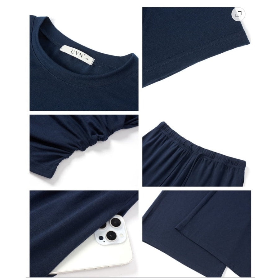 NWT Blue 2 Piece Summer Outfit Set Ruched Short Sleeve Top & Wide Leg Pants ~ L