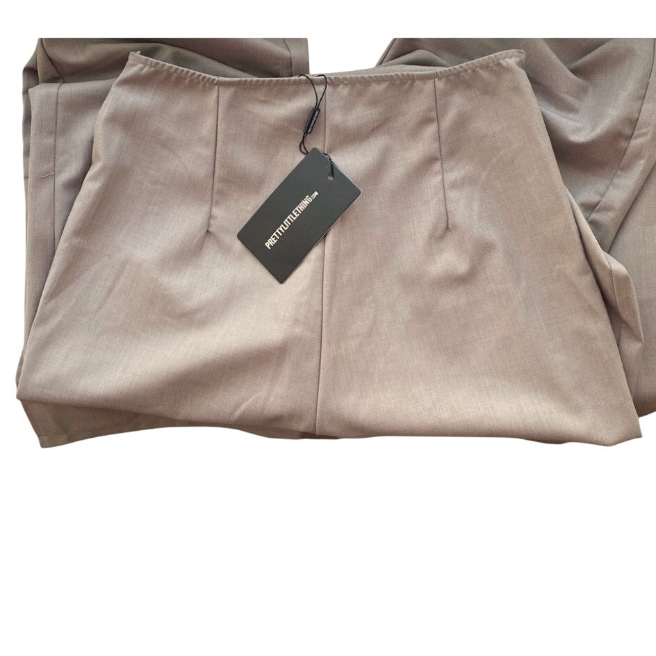 NWT ~ PRETTY LITTLE THING Tan Mushroom Fold Wide Leg Split Hem Trousers Pants ~6