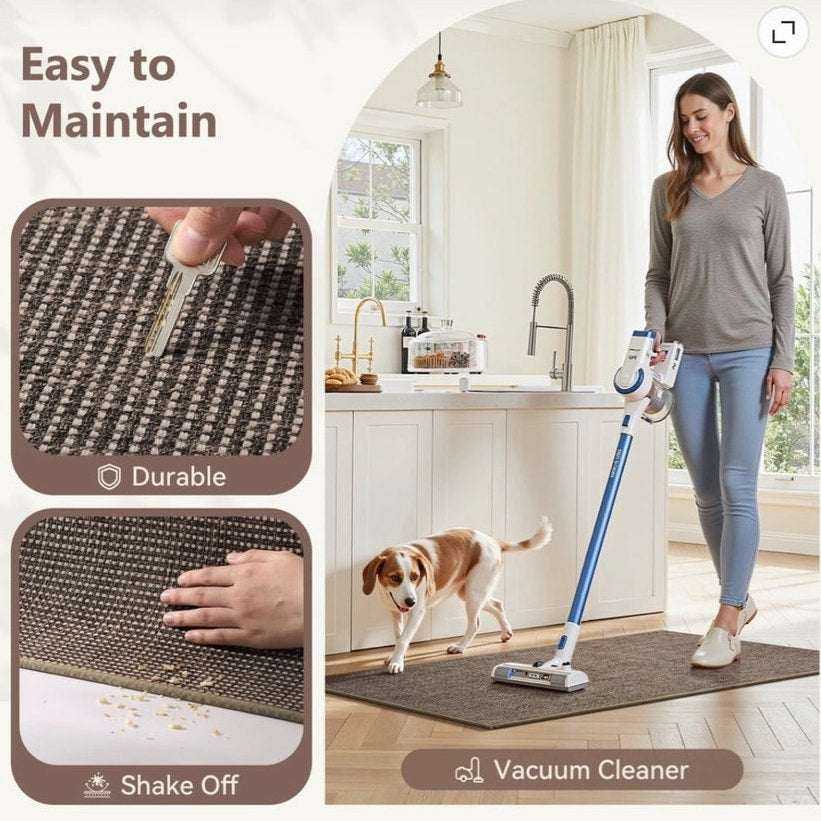 BRAND NEW ~ Brown Non-Slip Rubber Backed Welcome Low Profile Inside Door Mat Rug