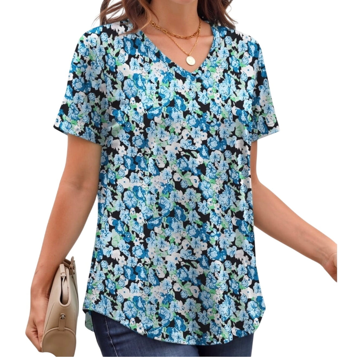 NWT ~ Women's Plus Size Blue Floral Summer Curved Hem V-Neck Summer Top ~ 3X