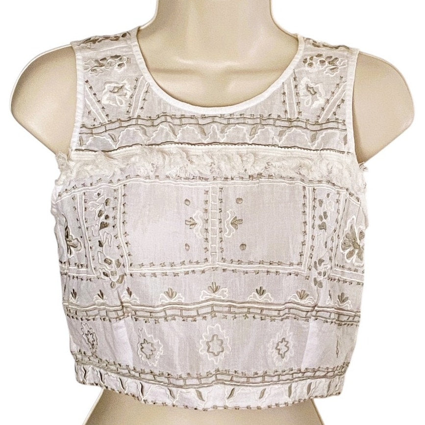 NWT ~ Short Cropped Boho Embroidered & Fringe Sleeveless Bohemian Blouse SMALL