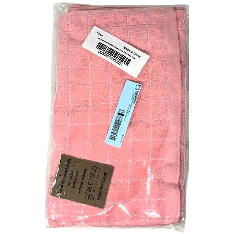 BRAND NEW ~ Set/4 Pink Checked 100% Cotton Soft Terry Cloth Kitchen Dish Towels