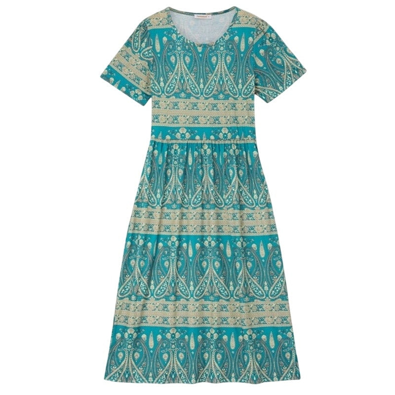 NWT ~ Women's Green & Beige Summer Casual S/S T-Shirt Midi Beach Dress ~ MEDIUM