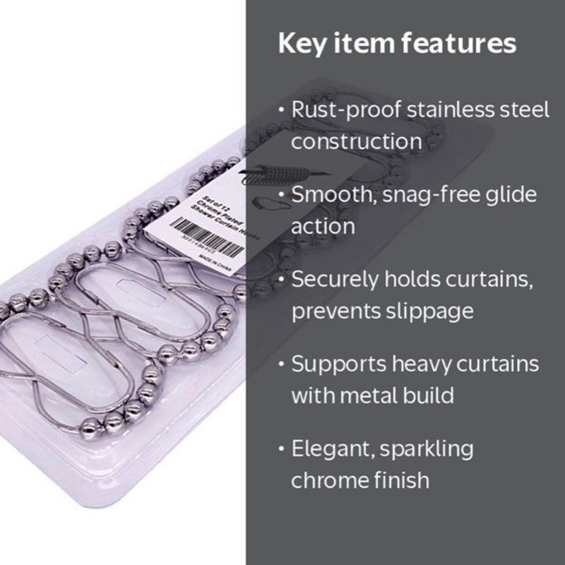 BRAND NEW ~ Set/12 Chrome Heavy Duty Shower Curtain Hooks Roller Rings & Balls