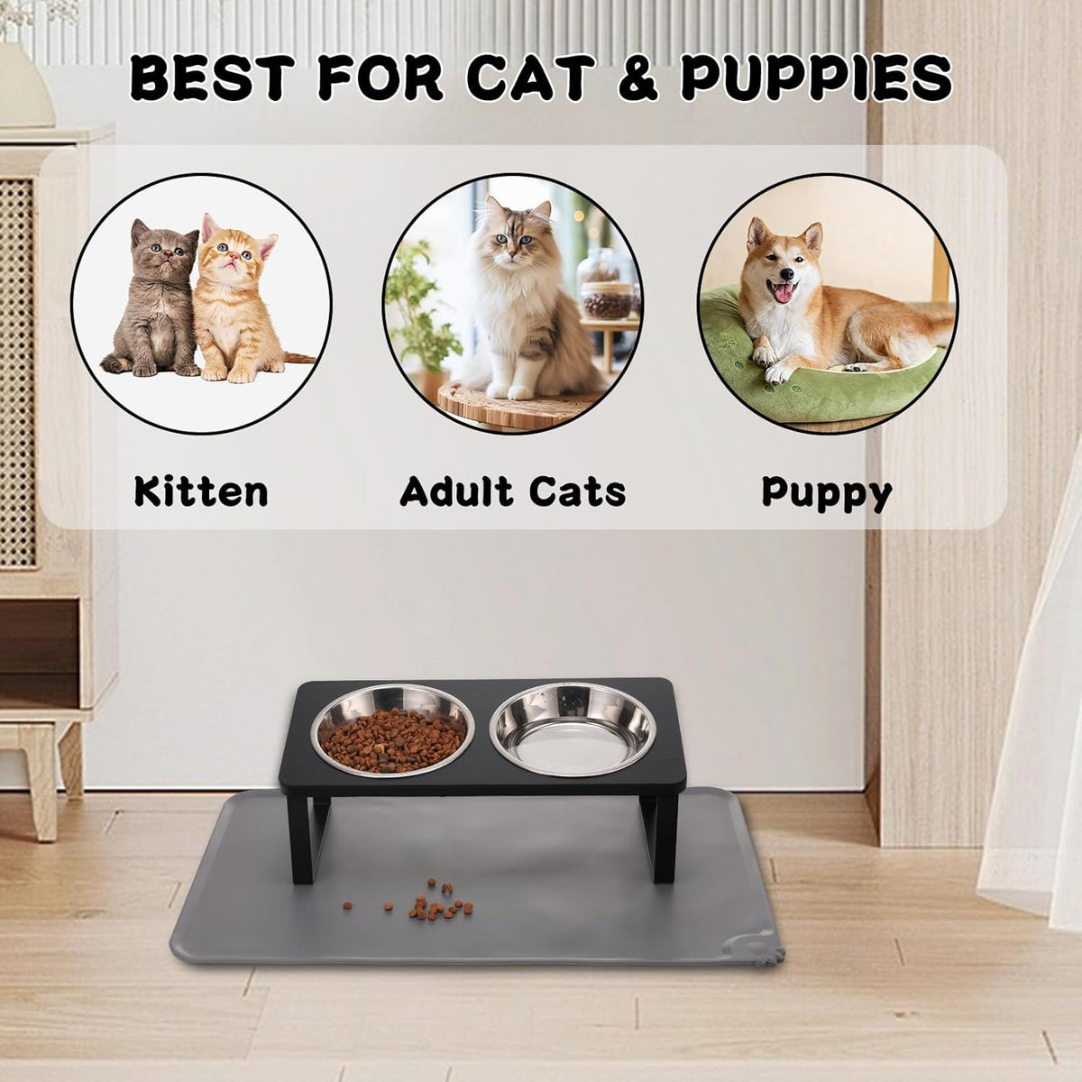 BRAND NEW ~ Black Elevated Stainless Steel Cat Dog Bowls Dishes & Food Water Mat