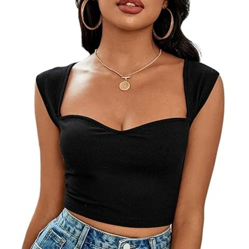 NWT ~ Sexy Black Square Neck Knit Sleeveless Crop Top Shirt ~ Women's Size SMALL