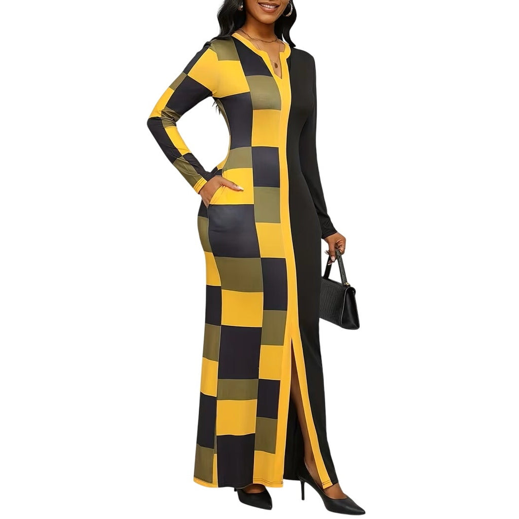 NWT ~ Long Black & Yellow Sexy Colorblock Bodycon Pockets Maxi Dress Women's XXL