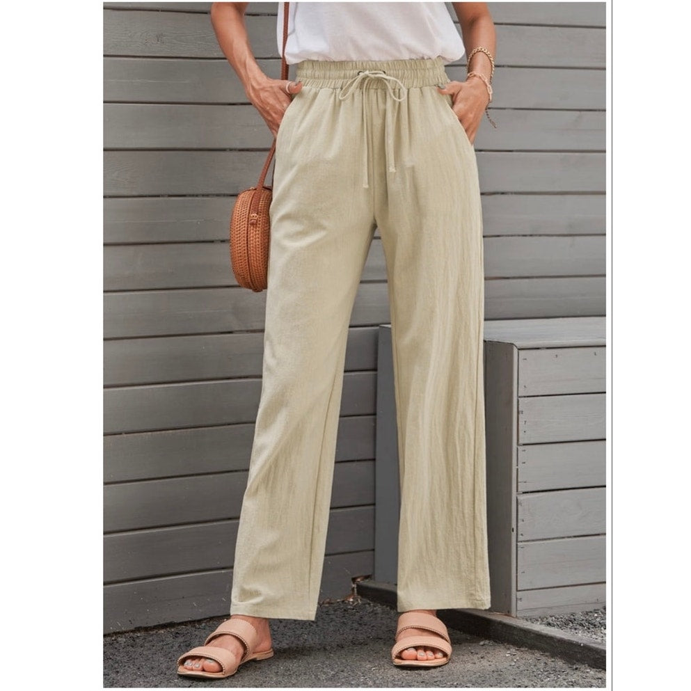 NWT ~ Khaki Straight Leg Drawstring Elastic Waist Casual Pants & Pockets ~ MED.
