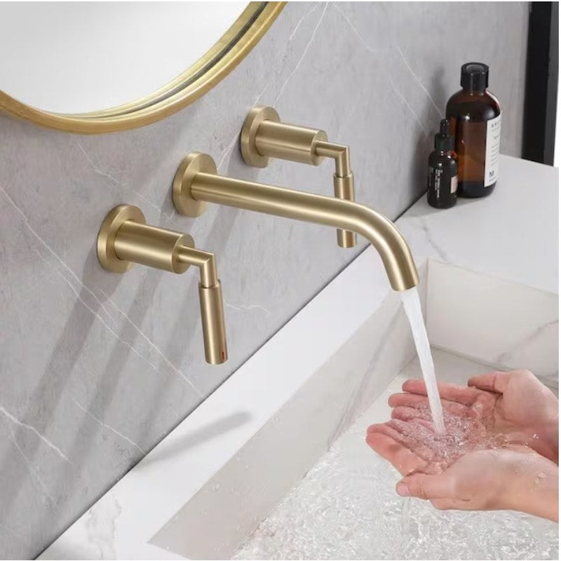 BRAND NEW ~ Brushed Gold Double Handle Wall Mounted Bathroom Faucet Modern 3-Hole Brass Taps