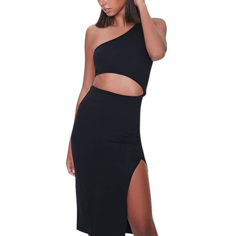 NWT ~ FOREVER 21 Black Cutout 1 Shoulder Bare Midriff Evening Dress ~ SMALL