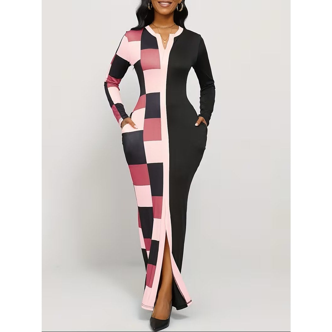 NWT ~ Long Black & Pink Sexy Colorblock Bodycon Pockets Maxi Dress Women's XL