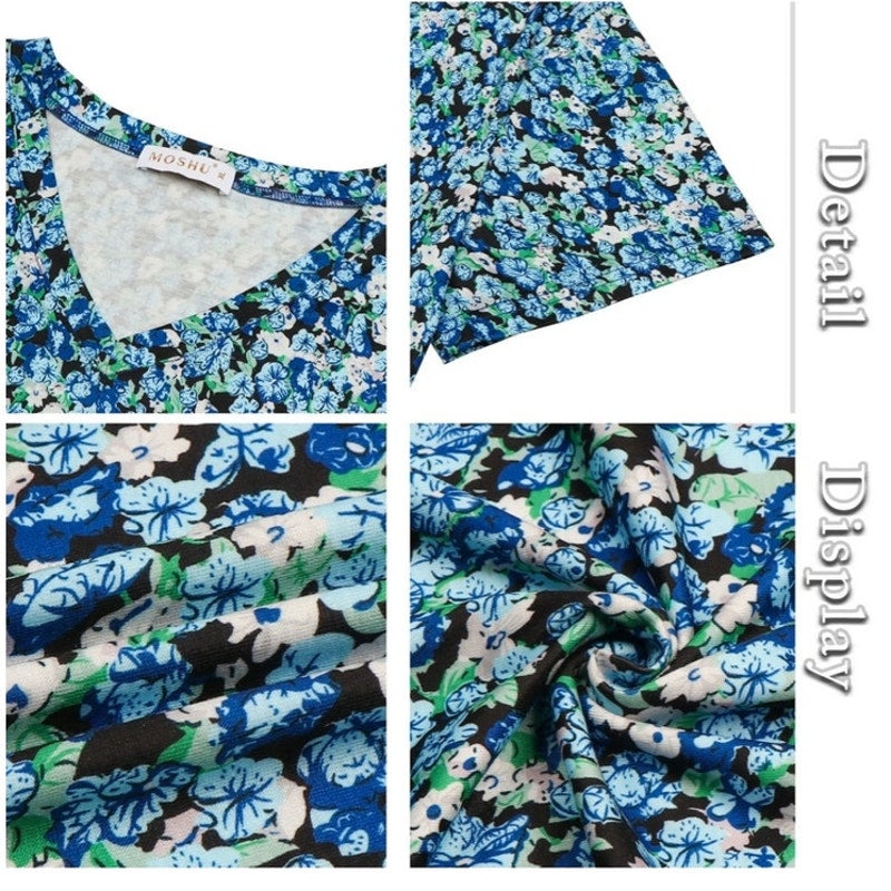 NWT ~ Women's Plus Size Blue Floral Summer Curved Hem V-Neck Summer Top ~ 3X