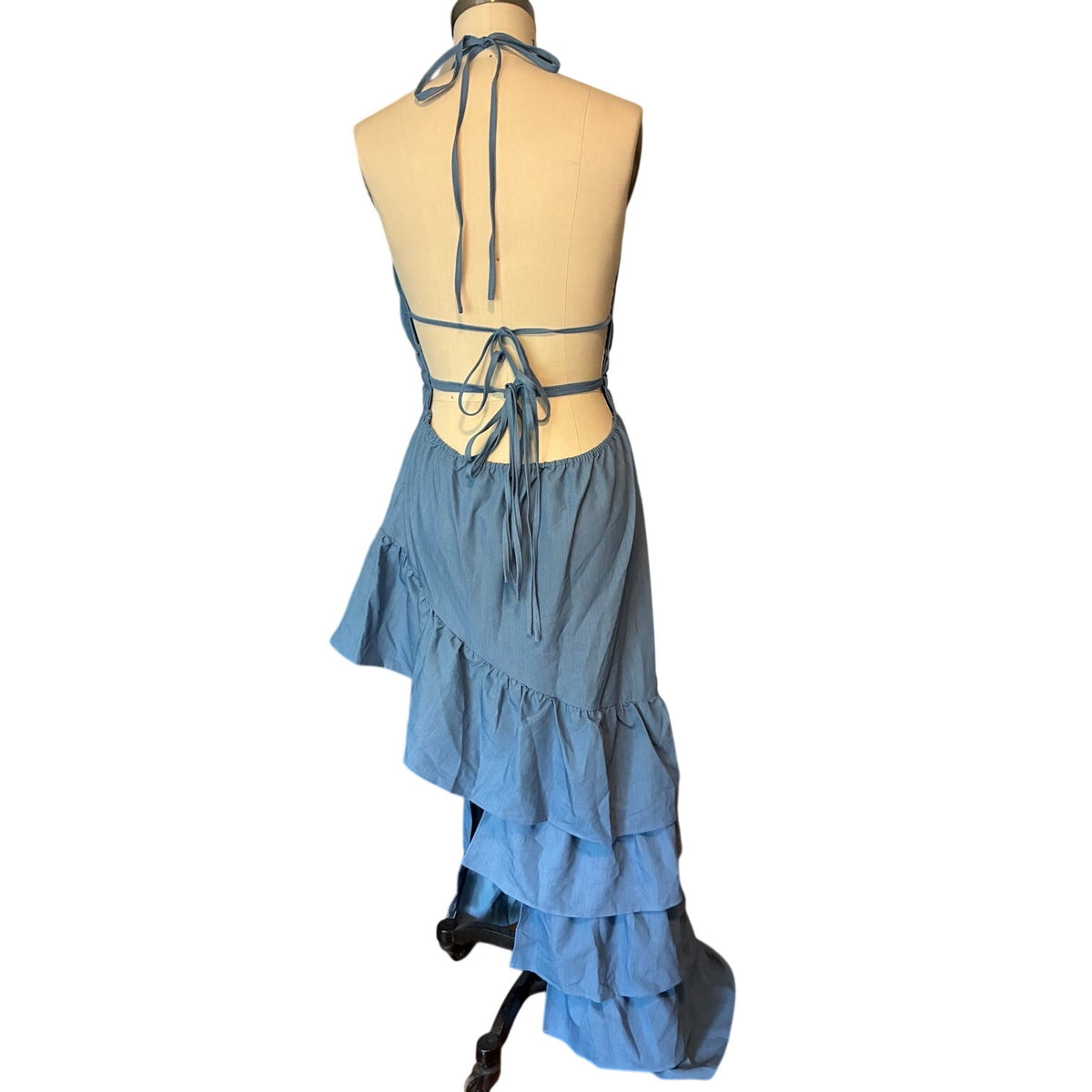 NWT ~ Women's Sexy Blue Ruffled Backless Halter Maxi Beach Dress ~ Size XL
