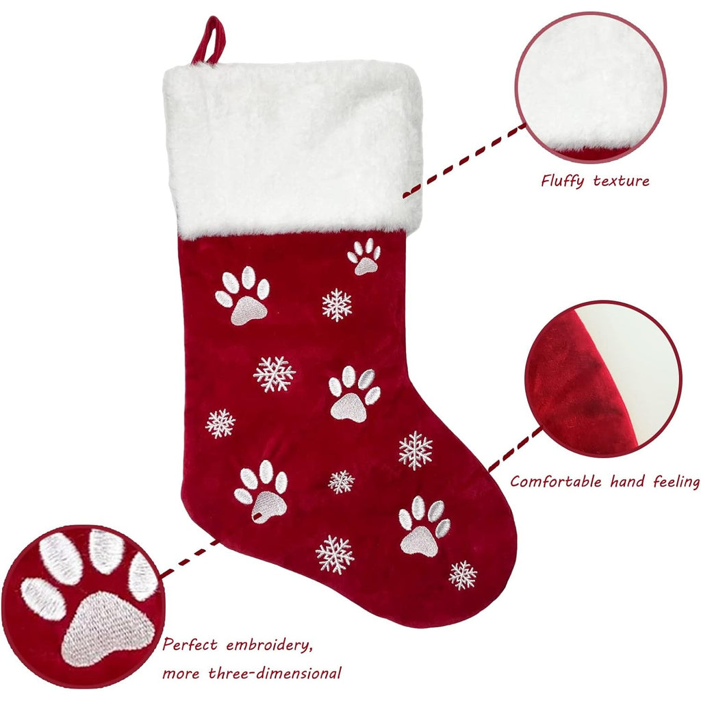 BRAND NEW ~ Thick Red Dog Cat Paw Print White Fur Top Christmas Stocking ~ 18"