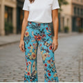 NWT ~ Blue Vintage Look Groovy 70's Polyester Floral Birds Flare Leg Pants ~ L