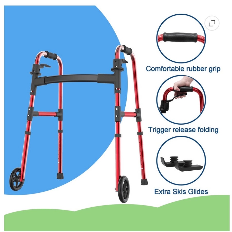 BRAND NEW ~ Red Lightweight Folding Walker for Seniors with Wheels & Skis Glides