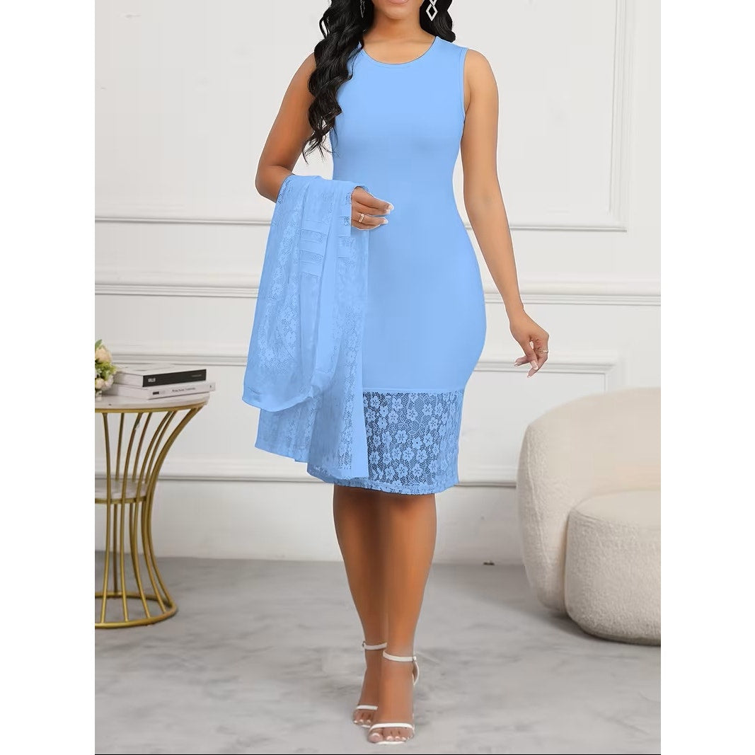 NWT ~ Lovely Sky Blue 2 Piece Dress Set & Lace Jacket ~ Women's Size Medium