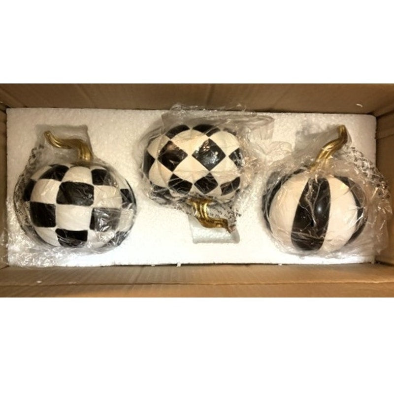 BRAND NEW ~ Set/3 Halloween Black & White Resin Pumpkins Gold Autumn Stems